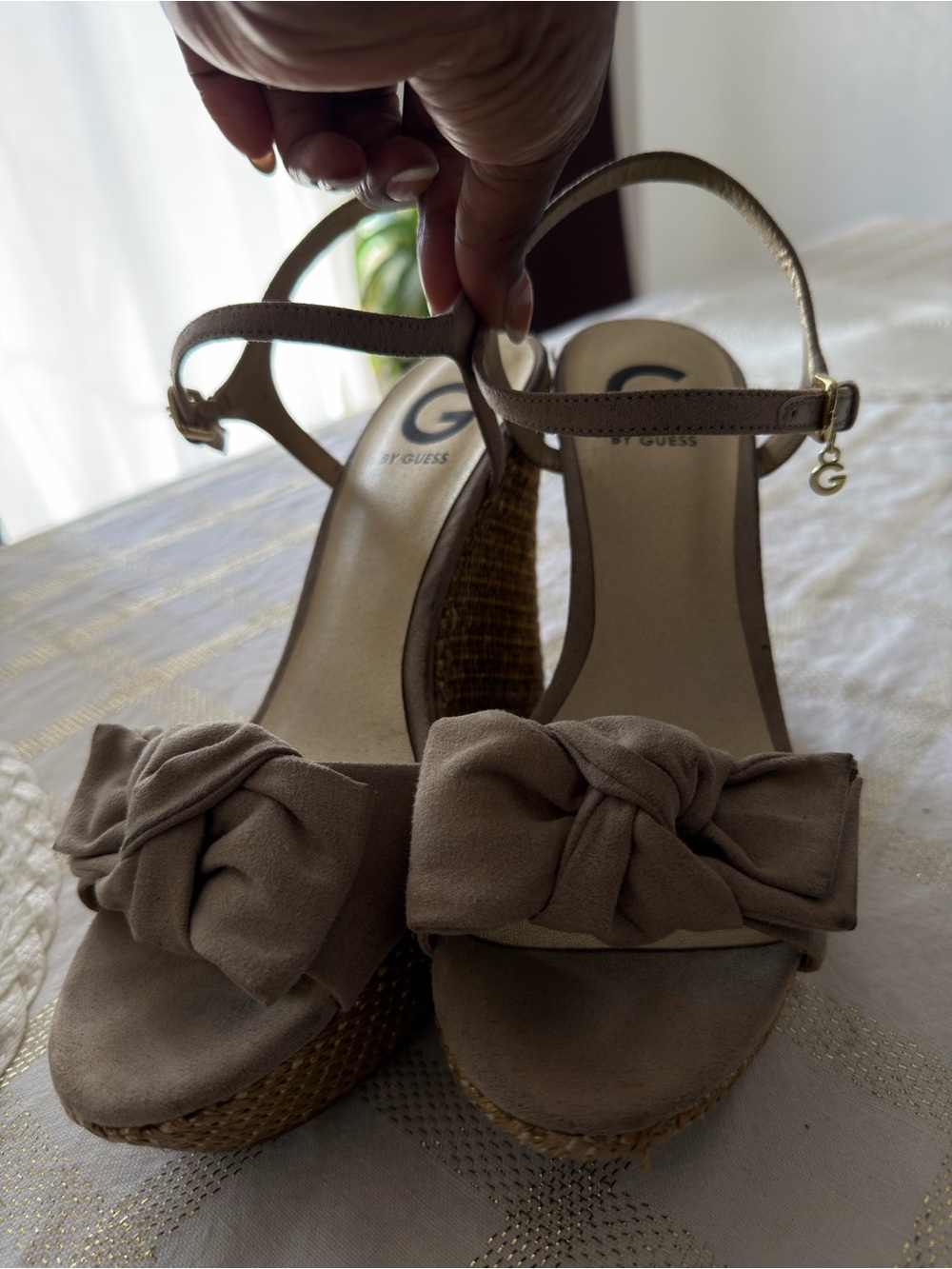G by GUESS Taupe Knot Espadrille Wedge Sandals